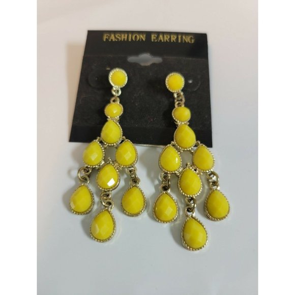 Faux Gold Plated Chandelier Statement Earrings Yellow Stones - Picture 1 of 3